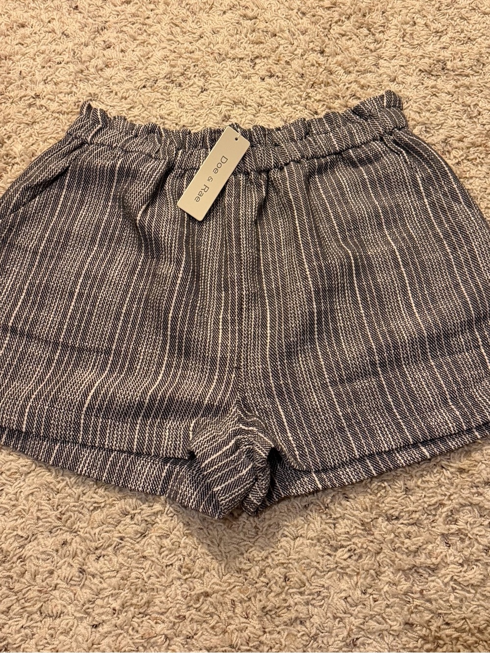 NWT Doe & Rae Black and Cream Striped Paper Bag Waist Shorts